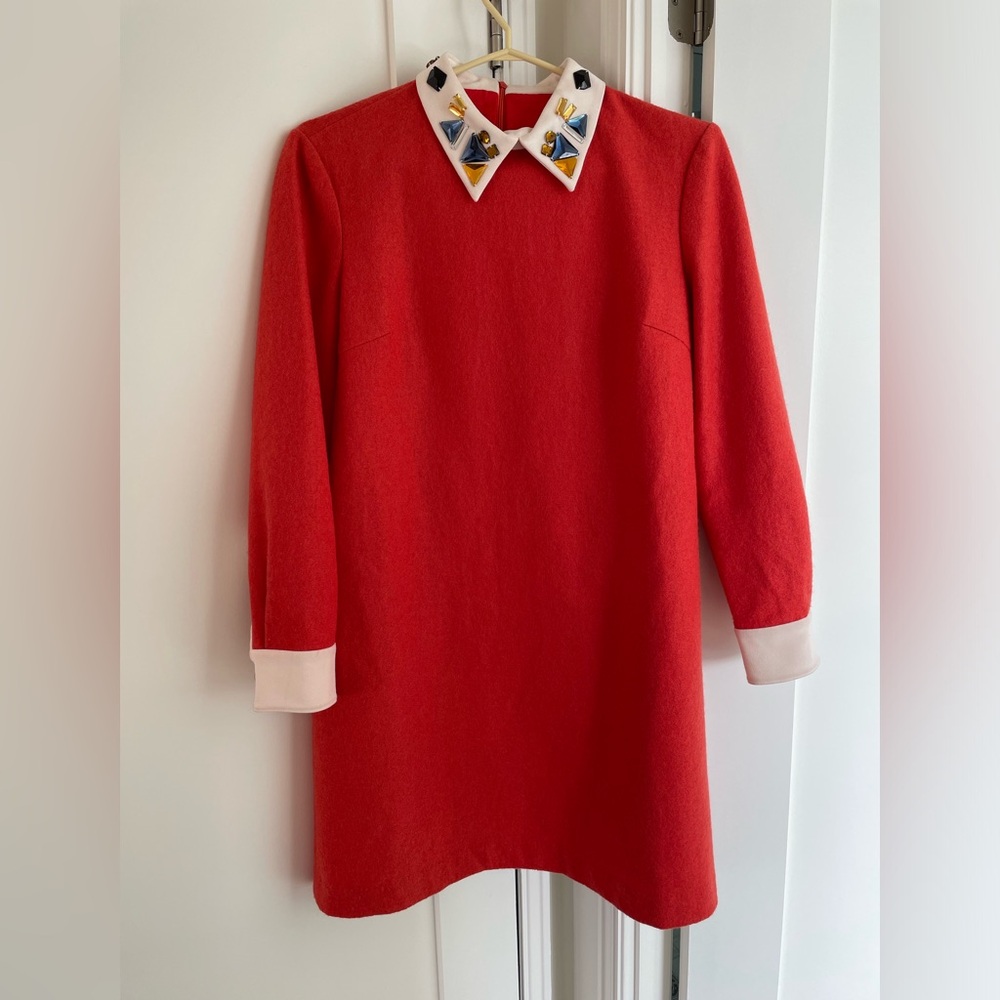 Orange Wool Blend Dress with Embellished White Collar and Buttoned Cuffs
